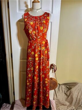 Allison Brittney Wms Coral Floral Sheer Mesh Lined Resort Summer Maxi Dress M